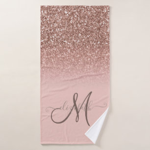 Modern Glitter Sequin Ombre Rose Gold Monogram Bath Towel Set