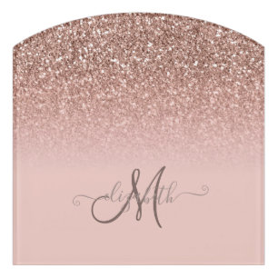 Modern Glitter Sequin Ombre Rose Gold Monogram Door Sign
