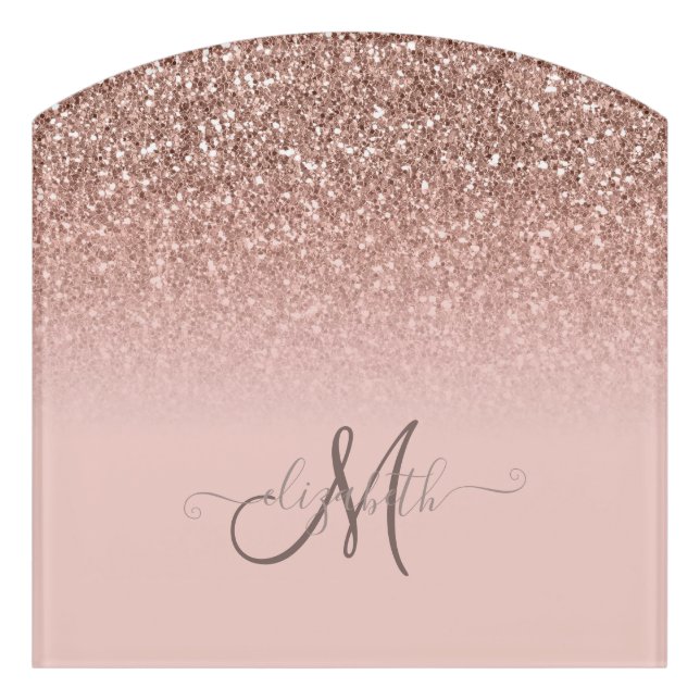 Modern Glitter Sequin Ombre Rose Gold Monogram Door Sign (Contour Front)