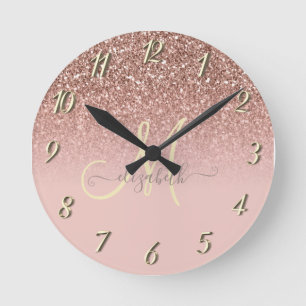 Modern Glitter Sequin Ombre Rose Gold Monogram Round Clock
