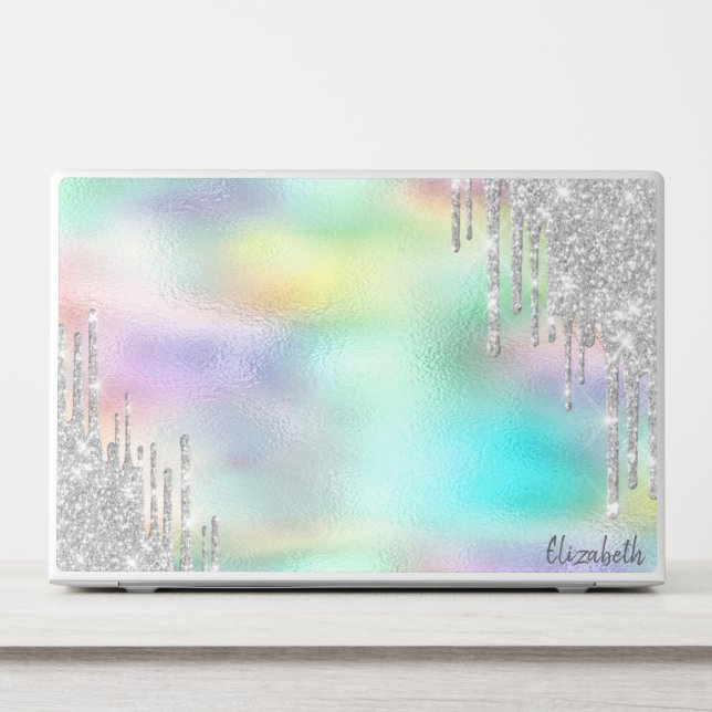 Modern Glitter Silver Drips Holographic HP Laptop Skin (Front)