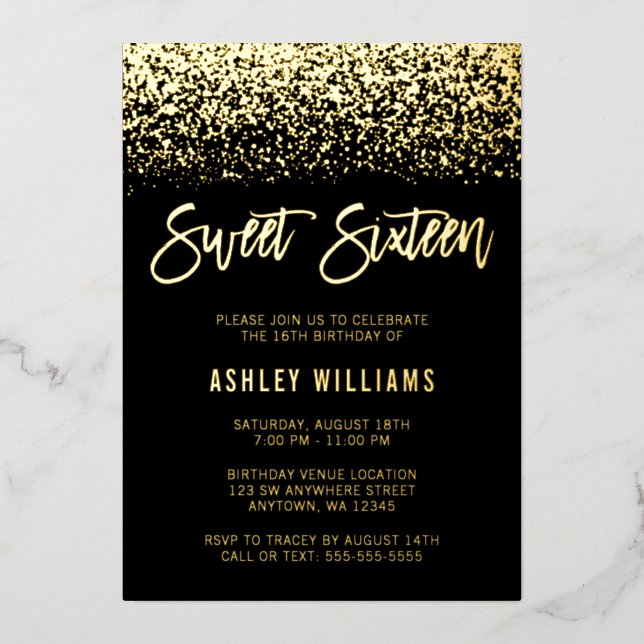 Modern Glitter Sweet 16 Black Gold Foil Invitation (Front)