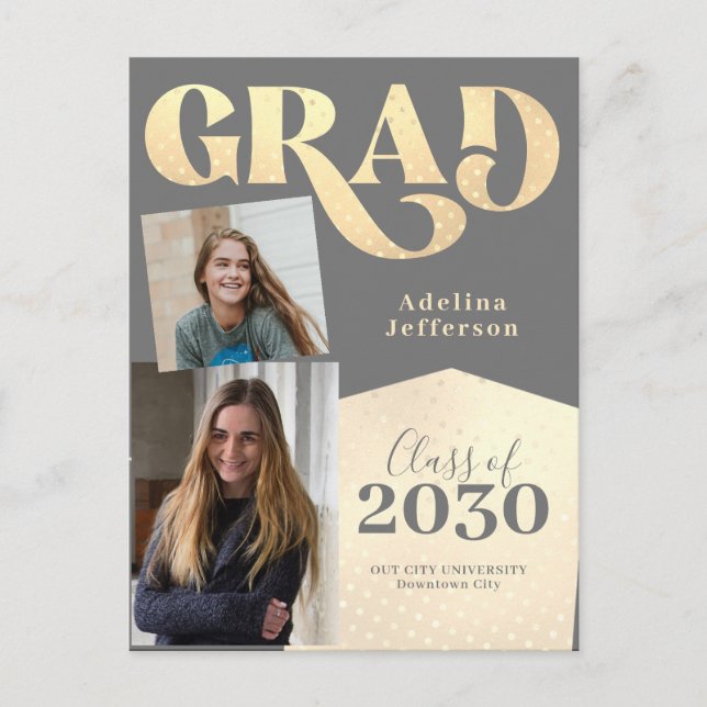 Modern glitter typography photo collage graduation announcement postcard (Front)