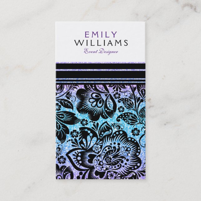 Modern Glitter & Vintage Black Damasks Business Card (Front)