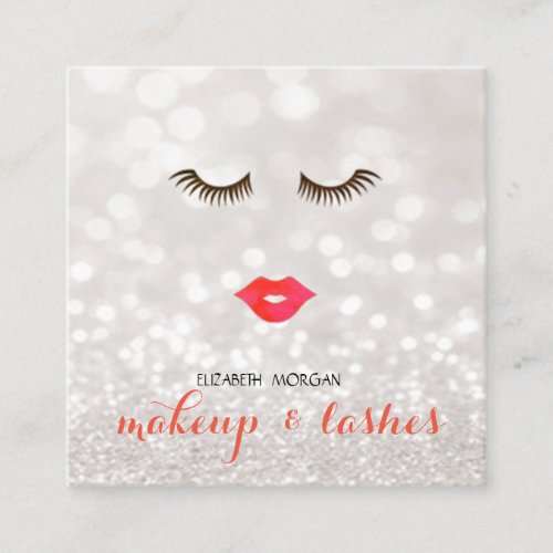 Modern Glittery Bokeh LipsLashesMakeup Square Business Card