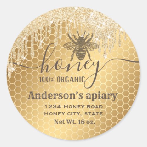 Modern glittery drips honey bee  script honey jar classic round sticker