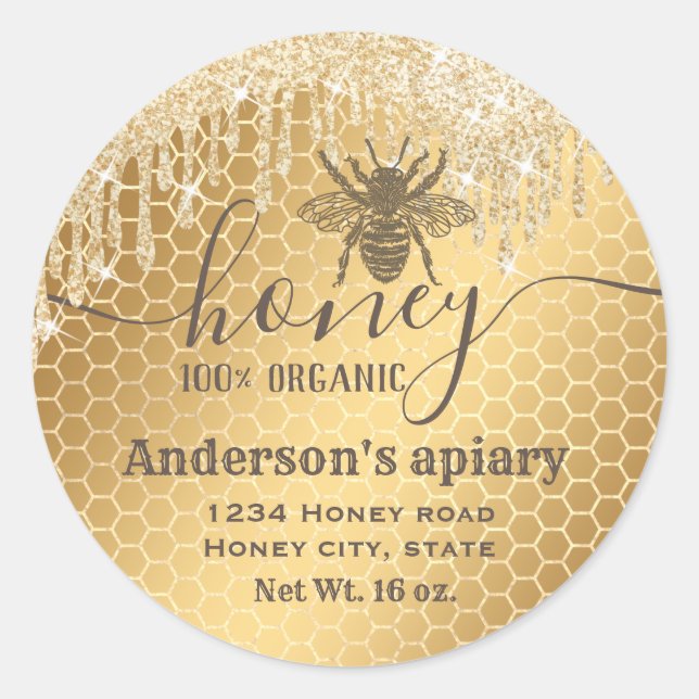 Modern glittery drips honey bee  script honey jar classic round sticker (Front)