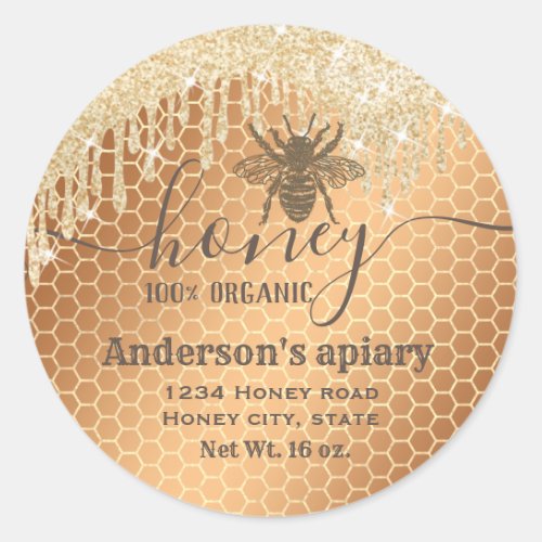 Modern glittery drips honey bee  script honey jar classic round sticker