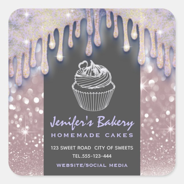 Modern glittery drips script  bakery chef square sticker (Front)