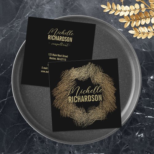 Modern Glittery Gold Brush Strokes Circle On Black Square Business Card