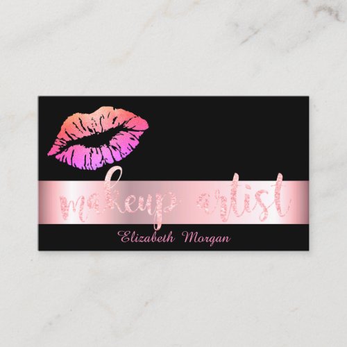 Modern Glittery Lips Black  Makeup Artist Business Card