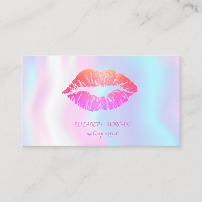Modern Glittery Lips,Makeup artist Holographic Business Card (Front)