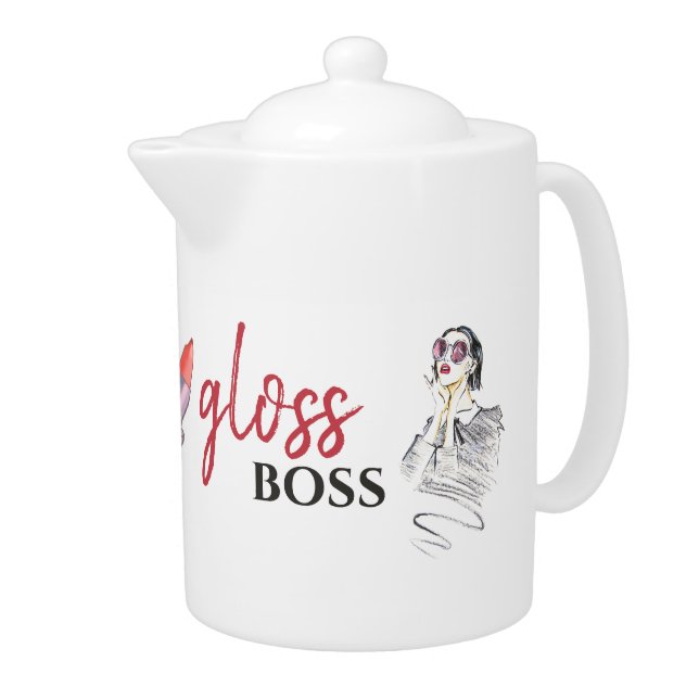Modern Gloss Boss Girl Black Red Funny World Art Teapot (Right)