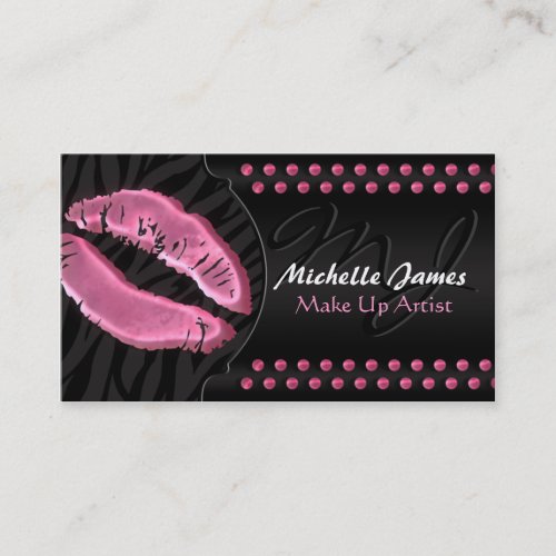 Modern Glossy Lips Zebra Monogram Make Up Artist Business Card