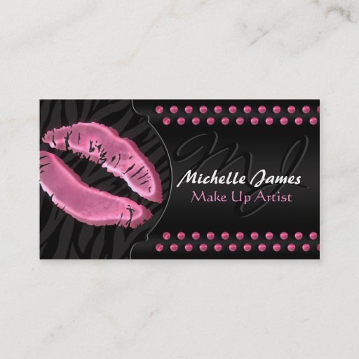 Customizable Modern Glossy Lips Zebra Monogram Make Up Artist Business Card