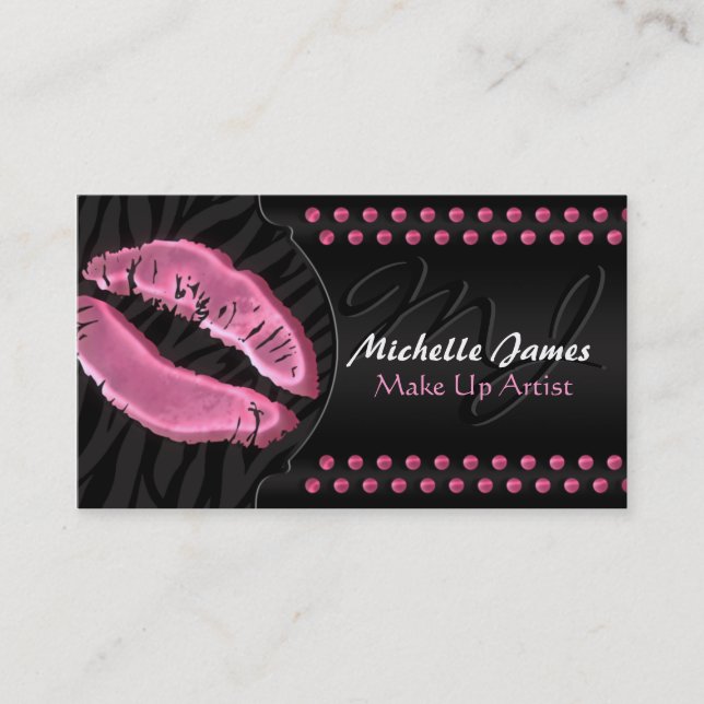 Modern Glossy Lips Zebra Monogram Make Up Artist Business Card (Front)