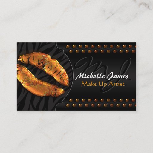 Customizable Modern Glossy Lips Zebra Monogram Make Up Artist Business Card Template