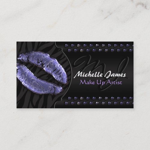 Modern Glossy Lips Zebra Monogram Make Up Artist Business Card Template