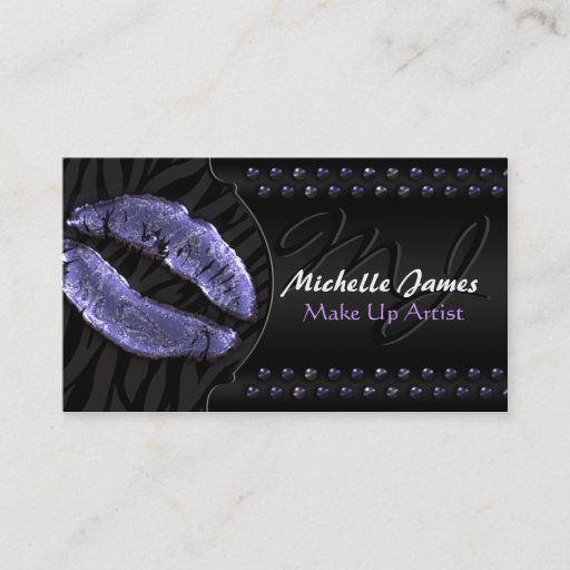 Customizable Modern Glossy Lips Zebra Monogram Make Up Artist Business Card Template