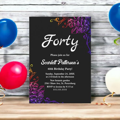 Modern Glow Neon Colors Roses Floral 40th Birthday Invitation