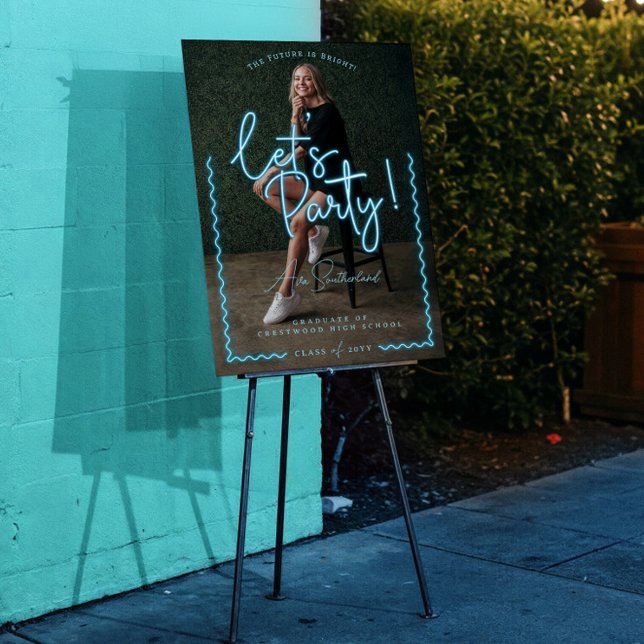 Modern Glow Script Blue Neon Wavy Graduate Photo Foam Board (Modern Glow Script Blue Neon Wavy Graduate Photo Foam Board)