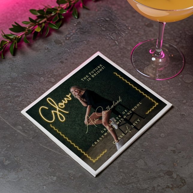 Modern Glow Script Yellow Neon Wavy Graduate Photo Napkins (Modern Glow Script Yellow Neon Wavy Graduate Photo Napkins)