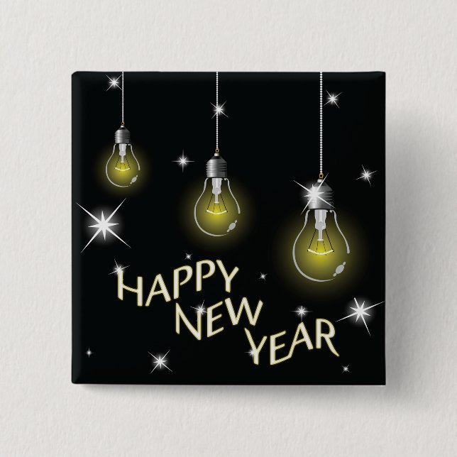 Modern Glowing Light Bulbs Happy New Year Button (Front)