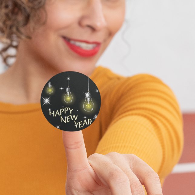 Modern Glowing Light Bulbs Happy New Year Classic Round Sticker (Creator Uploaded)