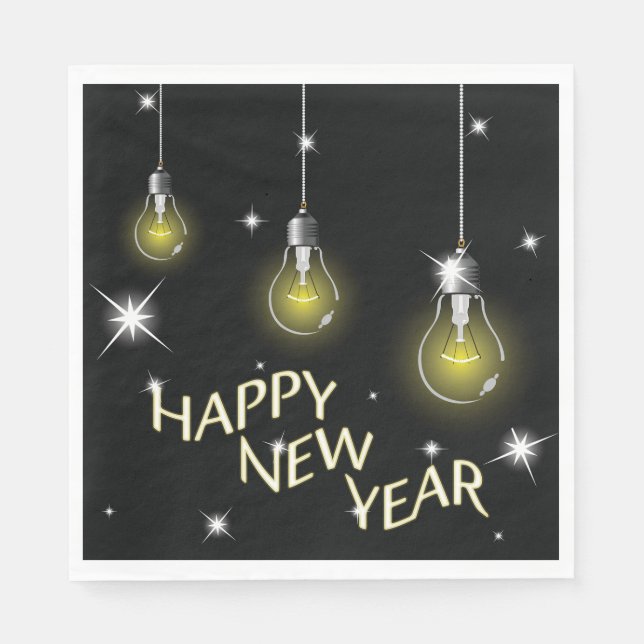 Modern Glowing Light Bulbs Happy New Year Napkins (Front)