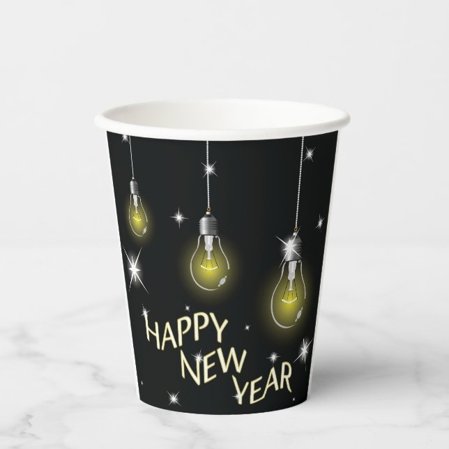 Modern Glowing Light Bulbs Happy New Year Paper Cups (Front)
