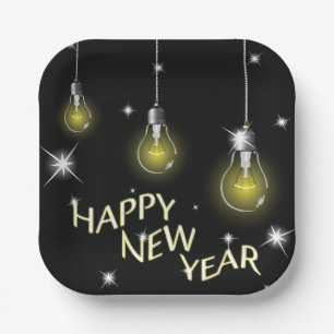 Modern Glowing Light Bulbs Happy New Year Paper Plates