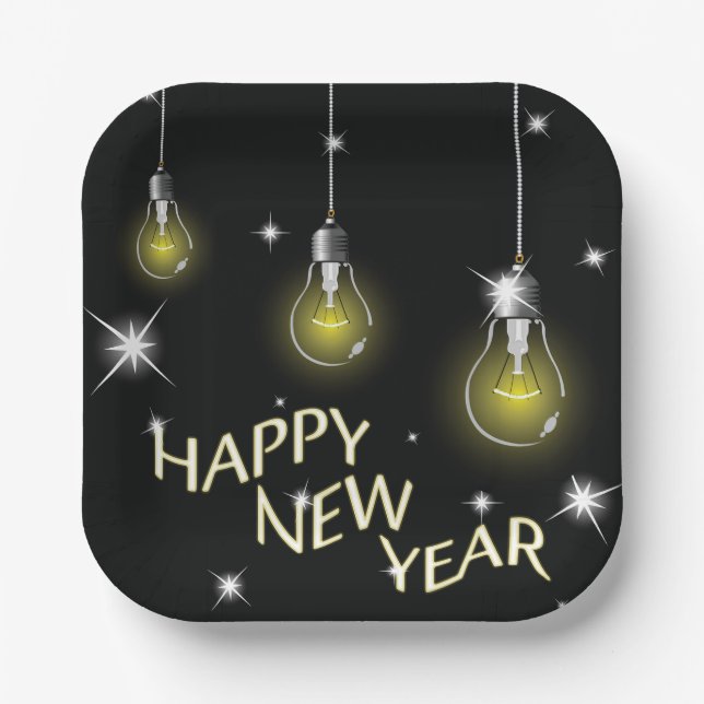 Modern Glowing Light Bulbs Happy New Year Paper Plates (Front)