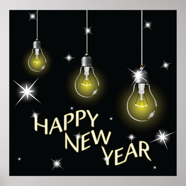 Modern Glowing Light Bulbs Happy New Year Poster (Front)