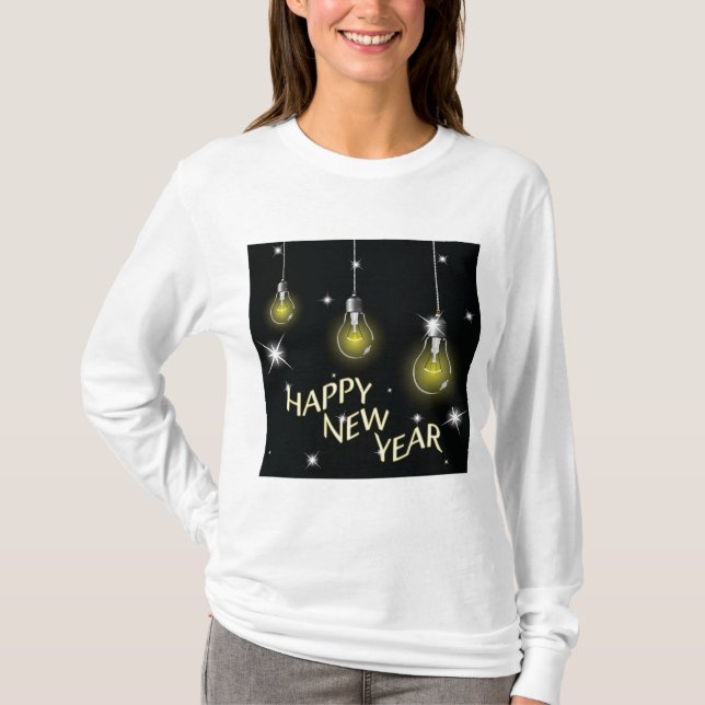 Modern Glowing Light Bulbs Happy New Year T-Shirt (Front)
