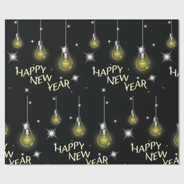 Modern Glowing Light Bulbs Happy New Year Wrapping Paper (Flat)