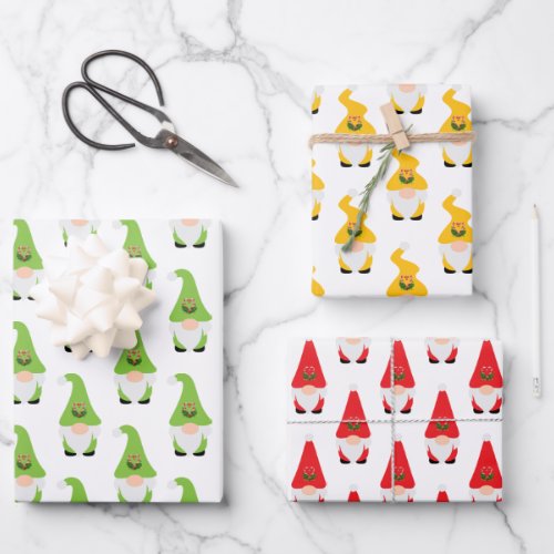 Modern Gnome Pattern Set Candy Cane Heart Fun Wrapping Paper Sheets