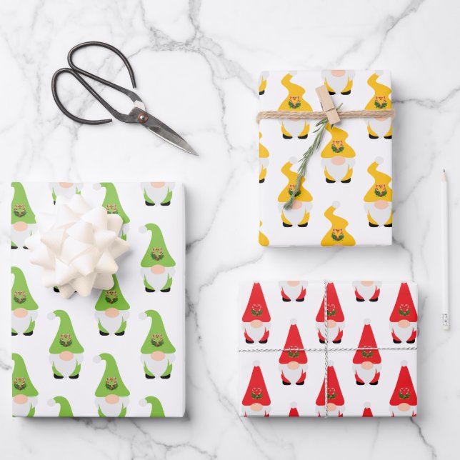 Modern Gnome Pattern Set Candy Cane Heart Fun Wrapping Paper Sheets (Front)