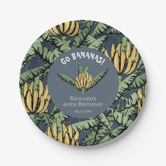 Modern Go Bananas Navy Blue Yellow Banana Leaves Paper Plates (Front)