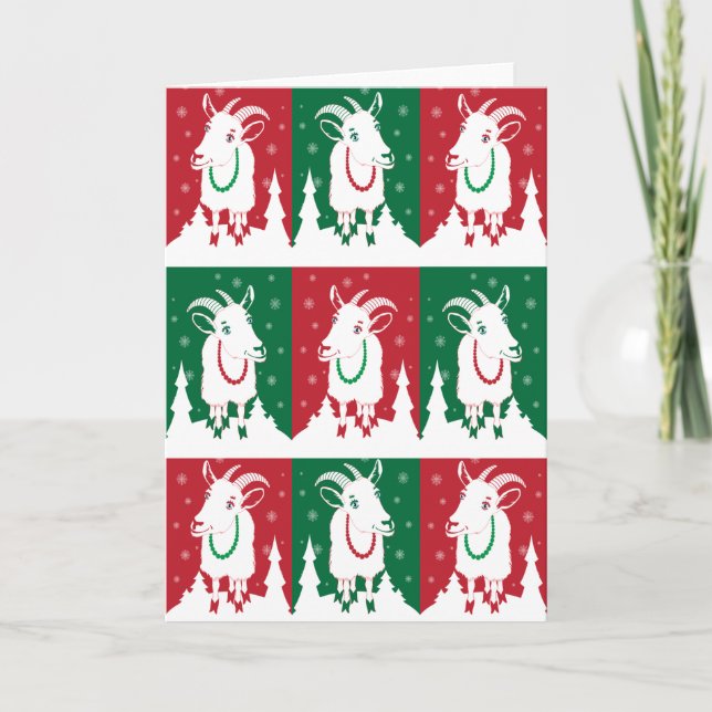 Modern Goats in Holiday Green and Red Card (Front)