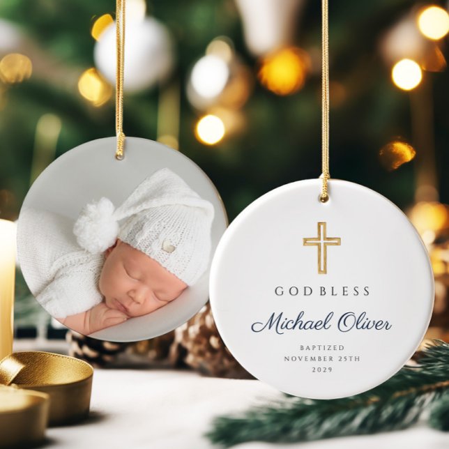 Modern God Bless Religious Cross Baptism Ceramic Ornament (Modern God Bless Religious Cross Baptism Ceramic Ornament)