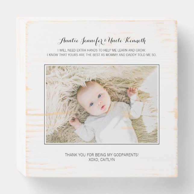 Modern Godparent Thank You with Photo Wooden Box Sign (Front Horizontal)