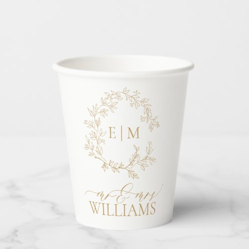 Modern Gol Leafy Crest Monogram Wedding Paper Cups - Create the perfect reception setting! We're loving this trendy, modern gold wedding invitation! Simple, elegant, and oh-so-pretty, it features a hand drawn leafy wreath encircling a modern wedding monogram. It is personalized in elegant typography, and accented with hand-lettered calligraphy. Finally, it is trimmed in a delicate frame. Veiw suite here: https://www.zazzle.com/collections/gold_leafy_crest_monogram_wedding-119668631605460589 Contact designer for matching products to complete the suite, OR for color variations of this design. Thank you sooo much for supporting our small business, we really appreciate it! 
We are so happy you love this design as much as we do, and would love to invite
you to be part of our new private Facebook group Wedding Planning Tips for Busy Brides. 
Join to receive the latest on sales, new releases and more! 
https://www.facebook.com/groups/622298402544171  
Copyright Anastasia Surridge for Elegant Invites, all rights reserved.