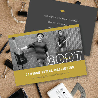 Modern Gold 2 Photo Blocks Simple Graduation Party Invitation