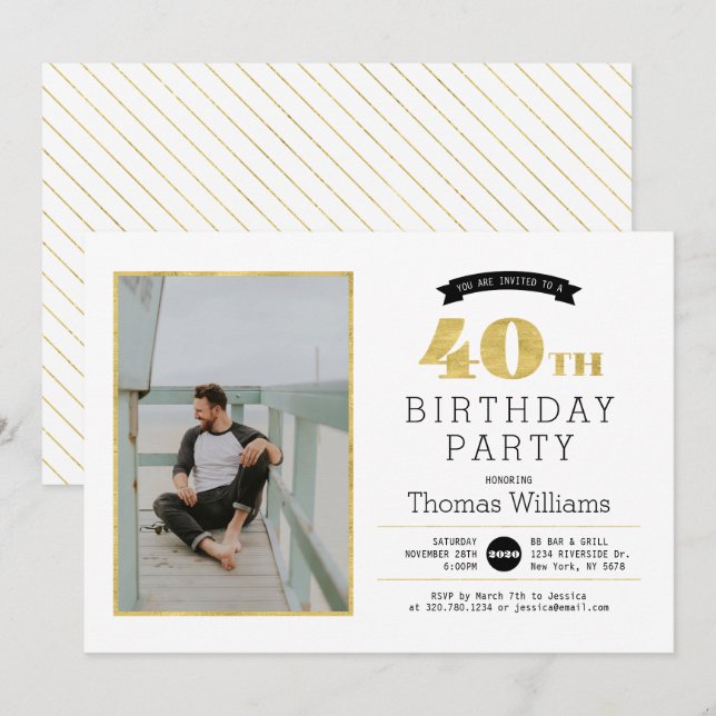 Modern Gold 40th Birthday Party Photo Invitation (Front/Back)
