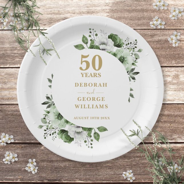 Modern Gold 50th Wedding Anniversary Greenery  Paper Plates (Modern Gold 50th Wedding Anniversary Greenery Paper Plates)