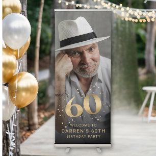 Modern Gold 60th Photo Birthday Welcome Party Retractable Banner