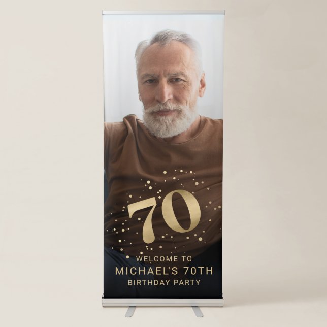 Modern Gold 70th Photo Birthday Welcome Party Retractable Banner (Front)