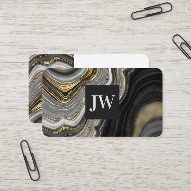 Modern Gold Agate Stone Monogram Professional Business Card (Front/Back In Situ)