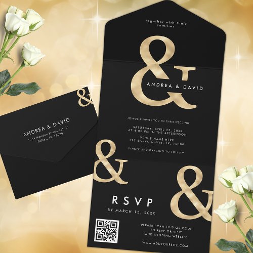 Modern Gold Ampersand Black QR Code RSVP Wedding All In One Invitation
