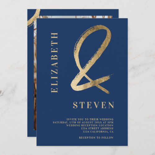 Modern gold ampersand names blue photo wedding invitation